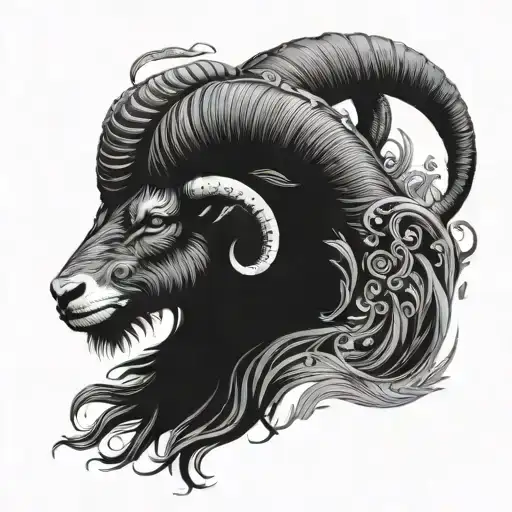 A mystical and ethereal depiction of a Capricorn sea goat tattoo design idea