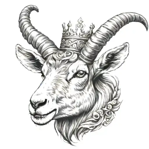 A realistic portrait of a goat wearing a crown, symbolizing power and leadership, with a subtle reference to the Capricorn sea goat tattoo design idea