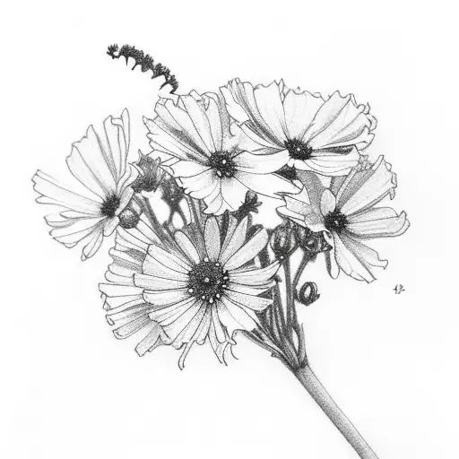 small, fine lines, black and white, bouquet with marigold, cosmos, larkspur, and honeysuckle tattoo design idea