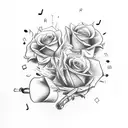 trumpet with roses around it and music notes  tattoo design idea