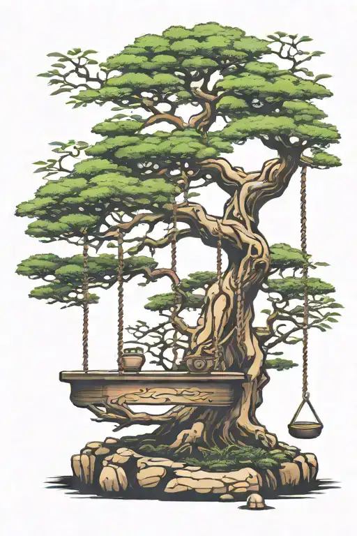 bonsai tree with a swing hanging from a branch representing patience, sacrifice and the spirit of play tattoo design idea
