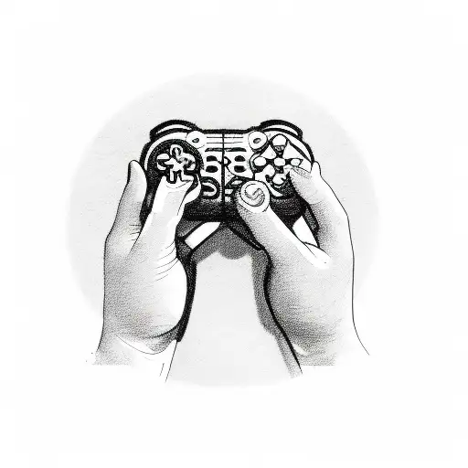 A sketch-style design of a gamer's hands holding a controller, with gaming symbols and icons surrounding them tattoo design idea