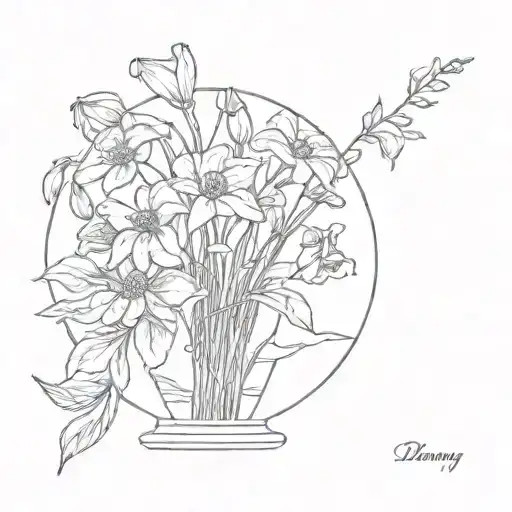 snowdrop, Poppy, and Morning Glory in a round Vase with Daysies  tattoo design idea