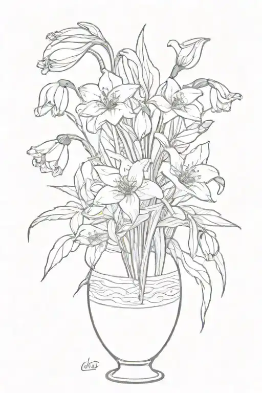 snowdrop, Poppy, Morning Glory and Dome leaves in a vase   tattoo design idea