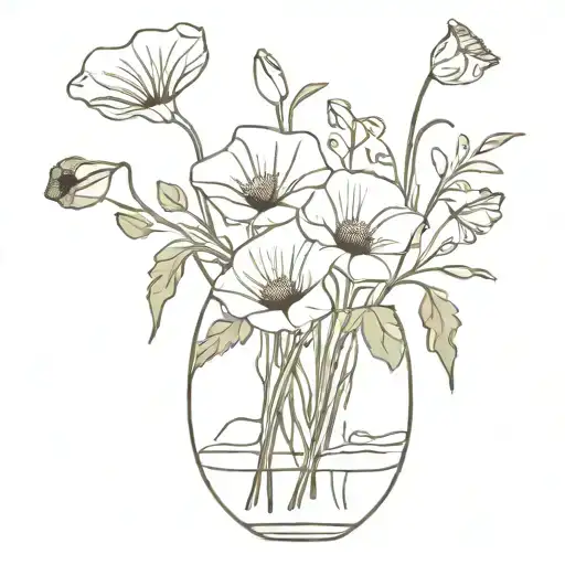 Poppy, Morning Glory, snowdrop and some leaves in a Vase with Daysies on it  tattoo design idea