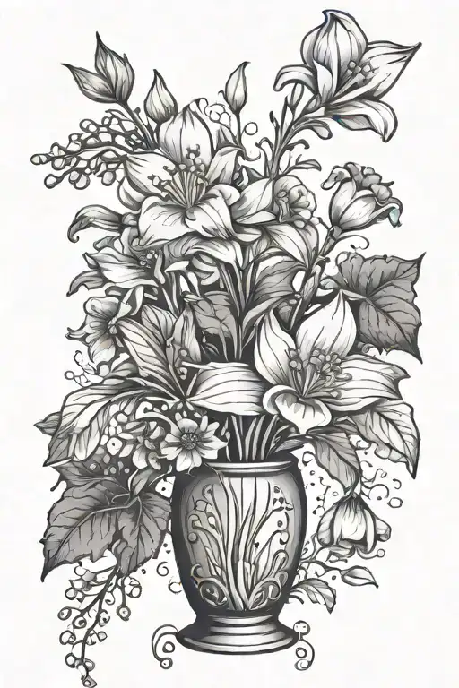 snowdrop, Poppy, Morning Glory and some leaves in a vase   tattoo design idea