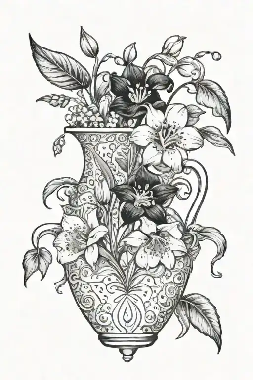 snowdrop, Poppy, Morning Glory and Dome leaves in a vase   tattoo design idea