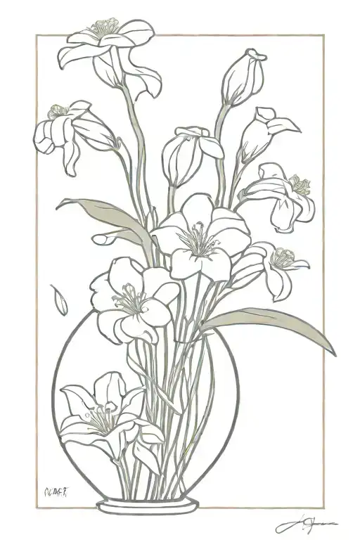 snowdrop, Poppy and Morning Glory in a vase with Daysies  tattoo design idea