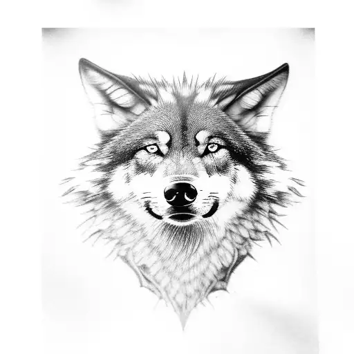 A black and grey realistic portrait of a wolf with intense eyes tattoo design idea