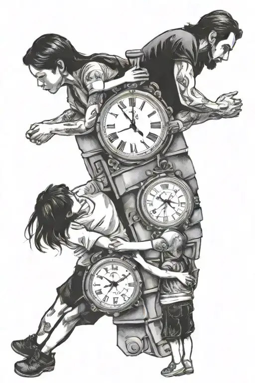 mother, father, daughter and son, holding hands, climb the stairs towards the old wristwatch, which in its background co tattoo design idea