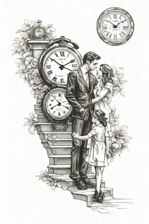 mother, father, daughter and son, holding hands, climb the stairs towards the old wristwatch, which in its background co tattoo design idea
