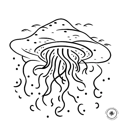A minimalist tattoo of a jellyfish floating above a landscape of mountains, symbolizing the tranquility and beauty of nature tattoo design idea