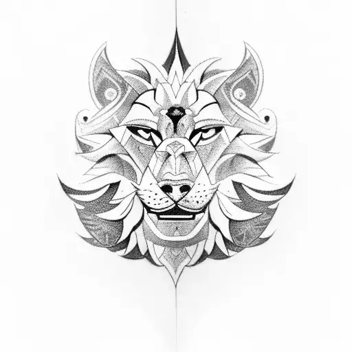 Underarm tattoo: Tiki sculpture with animal heads in shape of a lion with blue eyes and a wolf with red eyes tattoo design idea