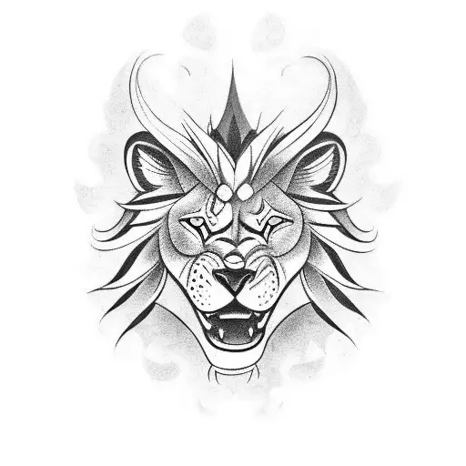 Underarm tattoo: Tiki sculpture with animal heads in shape of a lion with blue eyes and a wolf with red eyes tattoo design idea