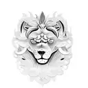 Underarm tattoo: Tiki sculpture with animal heads in shape of a lion with blue eyes and a wolf with red eyes tattoo design idea