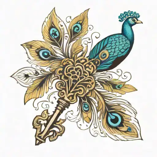 peacock feather vintage key tattoo design idea