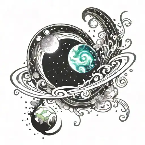 spiral galaxy with planet representing universe and northern lights tattoo design idea