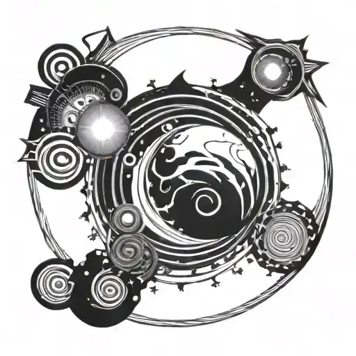 spiral galaxy with planet representing universe and northern lights tattoo design idea