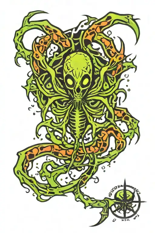 biohazard symbol, toxic themed, alien, bug, black, acid green, spider tattoo design idea