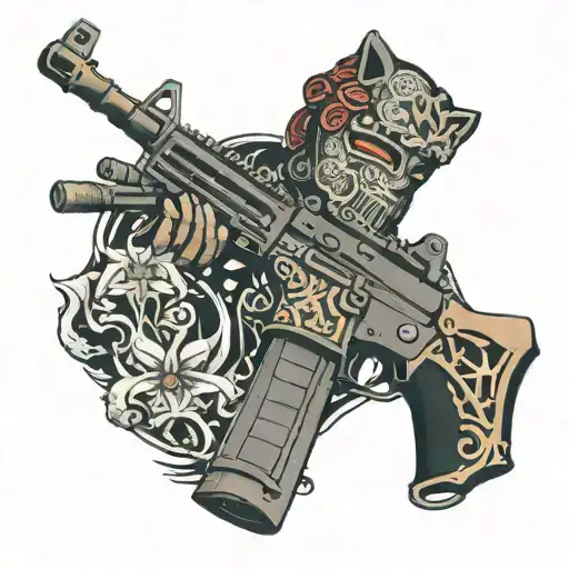 m16 riffle with a japanese mask tattoo design idea