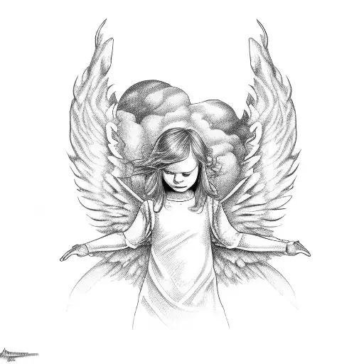 Angel with angel wings that are slightly folded and slightly spread. With thumbs on forehead. in the hands three stone t tattoo design idea