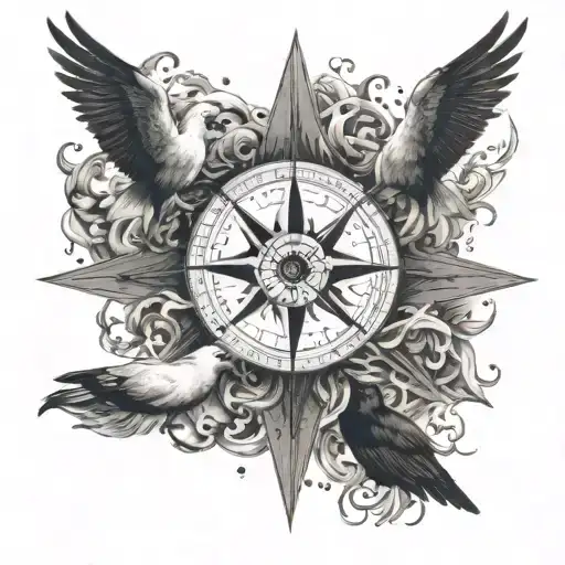 An adventurous compass rose surrounded by waves and seagulls tattoo design idea