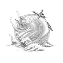 trident,sea wave, book and pencil, kid, music notes, trident, airplane, boat, birds, tattoo tattoo design idea