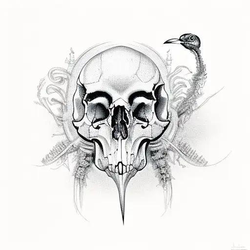 a humanoid bird skull  tattoo design idea