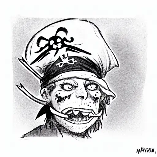 A pirate with a hat, a grin on his face, smoking tattoo design idea