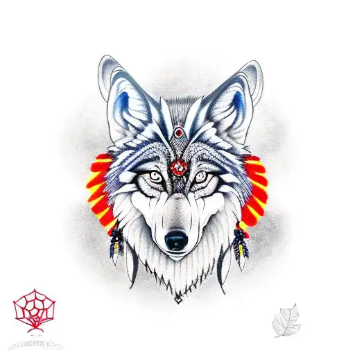 magic wolf in a red indian dream Catcher  tattoo design idea