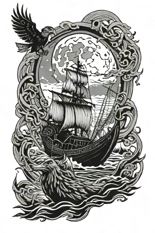 Odin with his ravens, a Viking ship, the moon reflected in the sea and a wolf tattoo design idea