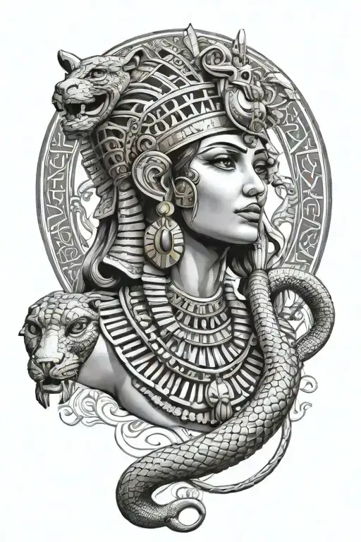 statue of Cleopatra VII beautiful with snake and pharaoh crown  tattoo design idea