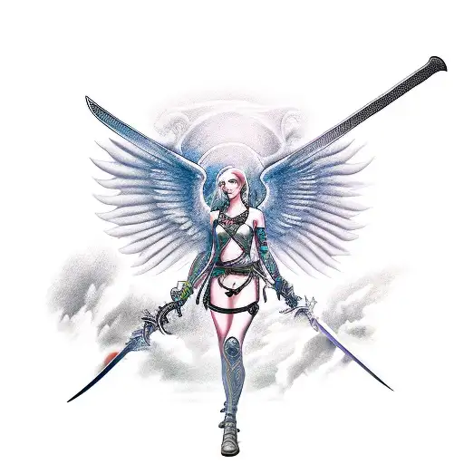 a half angel and half demon ascending behind a sword tattoo design idea