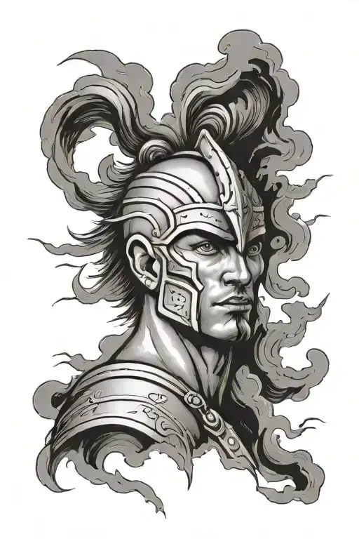 Warrior's head under a thunder storm clouds tattoo design idea