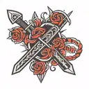 minimalistic design for a tattoo featuring intertwined switchblades with bold 'DONT PANIC' text tattoo design idea