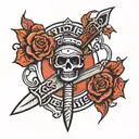 minimalistic design for a tattoo featuring intertwined switchblades with bold 'DONT PANIC' text tattoo design idea