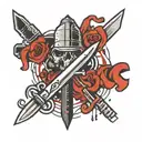 minimalistic design for a tattoo featuring intertwined switchblades with bold 'DONT PANIC' text tattoo design idea