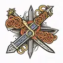 minimalistic design for a tattoo featuring intertwined switchblades with bold 'DONT PANIC' text tattoo design idea