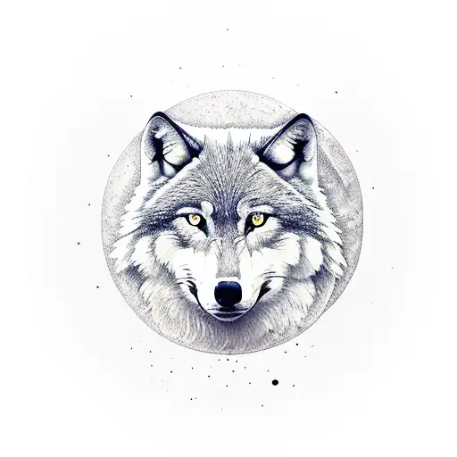 minimal frame style with trees and wolf as elements, moon at the top tattoo design idea