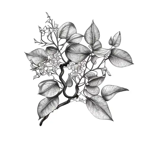 bougainvillea blooming vine and water reeds bouquet wrapped on an olive branch tattoo design idea