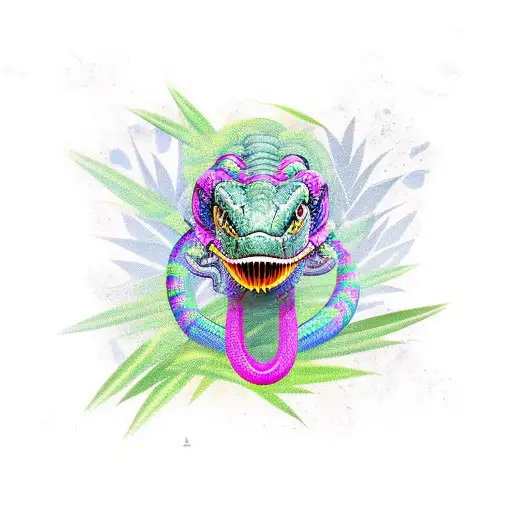 Angry colorful king cobra snake with some bamboo leaves around him tattoo design idea