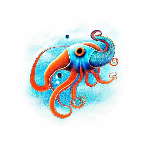 Giant orange squid with small blue rings looking left tattoo design idea