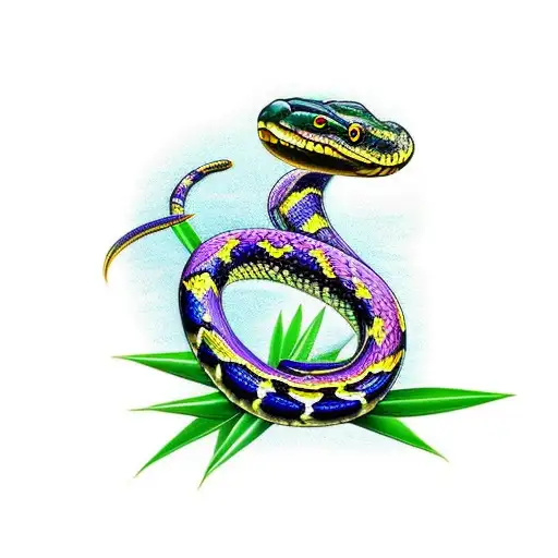 Angry colorful king cobra snake with wide neck and some bamboo leaves around him tattoo design idea
