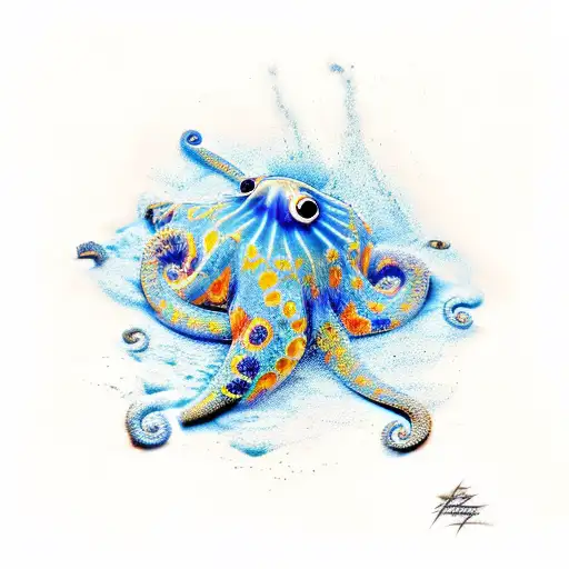 angry orange blue ringed octopus attacking to the left tattoo design idea