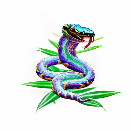 Angry colorful king cobra snake with some bamboo leaves around him tattoo design idea