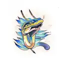 Angry colorful king cobra snake with some bamboo leaves around him tattoo design idea