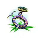 Angry colorful king cobra snake with wide neck and some bamboo leaves around him tattoo design idea