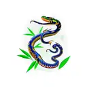 Angry colorful king cobra snake with wide neck and some bamboo leaves around him tattoo design idea