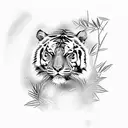 Tiger walking through bushes and bamboo tattoo design idea