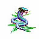 Angry colorful king cobra snake with some bamboo leaves around him tattoo design idea
